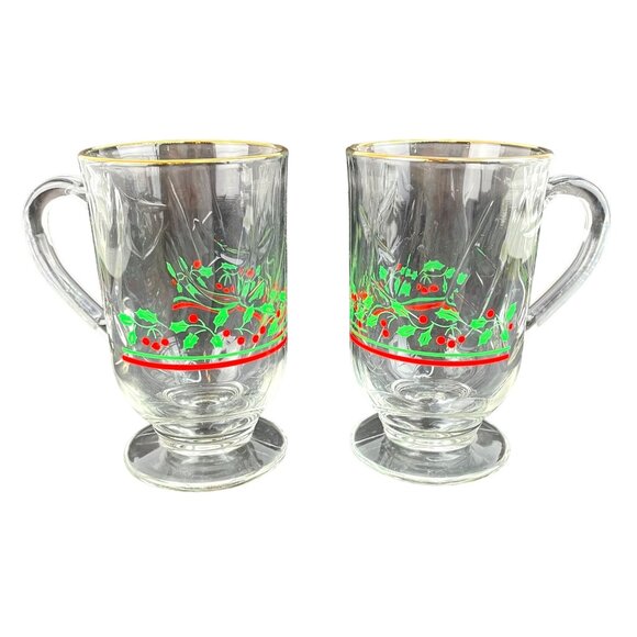 Vintage Libbey Glassware Set of 2 Glass Christmas Mugs With Holly Decor-Gold Rim - Picture 6 of 11